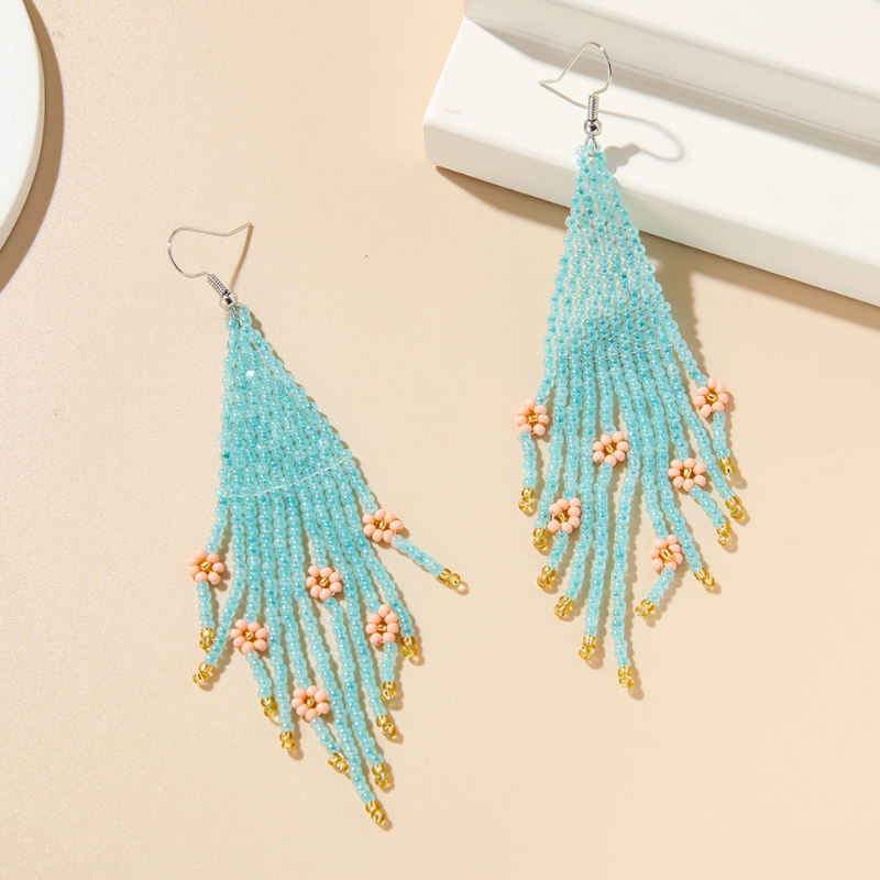 Color Block Beading Flower Decor Ethnic Irregular Tassel Earrings