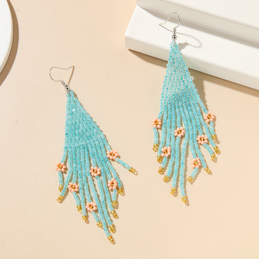 Color Block Beading Flower Decor Ethnic Irregular Tassel Earrings