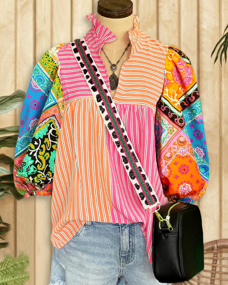 Tribal Print Patchwork Colorful Striped V Neck T-Shirt