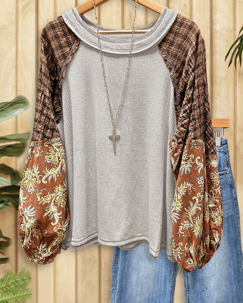 Mixed Print Patchwork Retro Round Neck Blouse