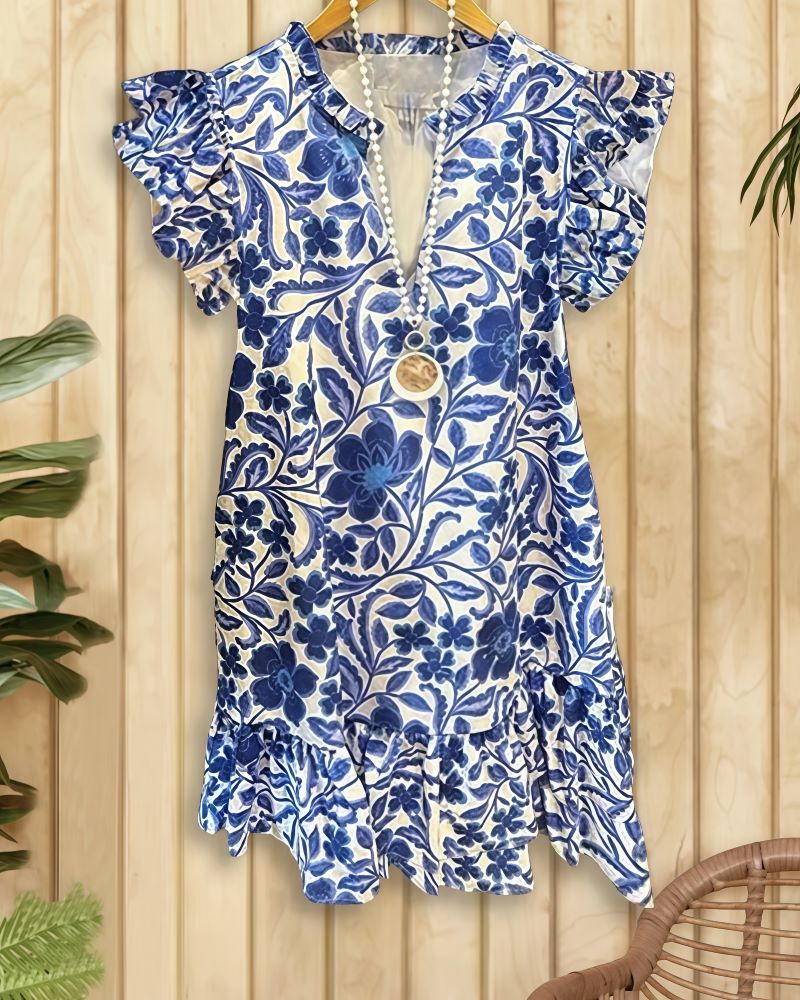 Vintage Floral Print Oriental Ruffles Mini Dress