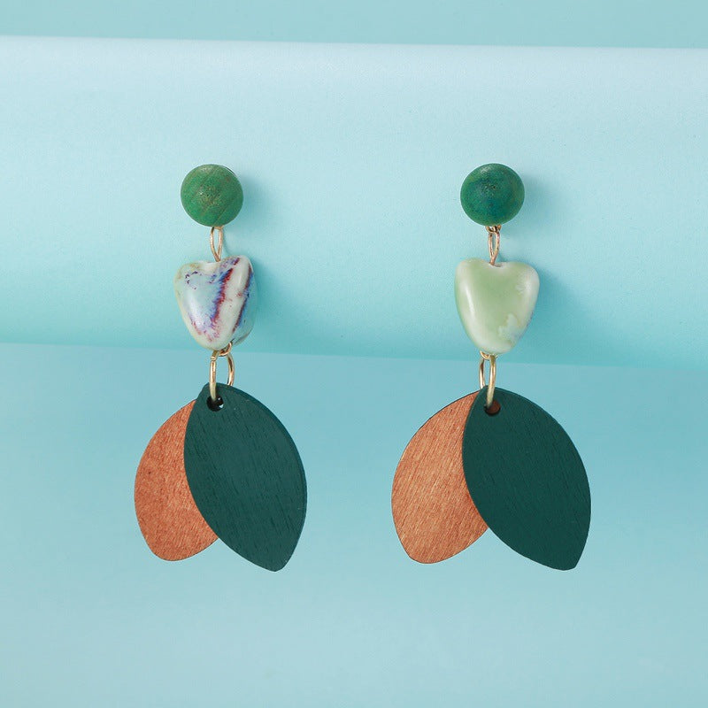 Ceramic Star Decor Modern Wooden Leaf-shaped Pendant Earrings