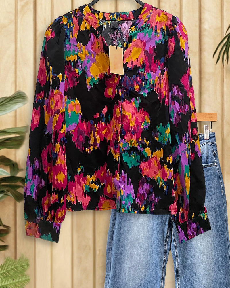 Watercolor Print On-trend V Neck Blouse
