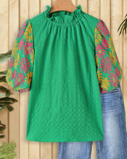 Floral Print Puff Sleeve Elegant Textured Blouse