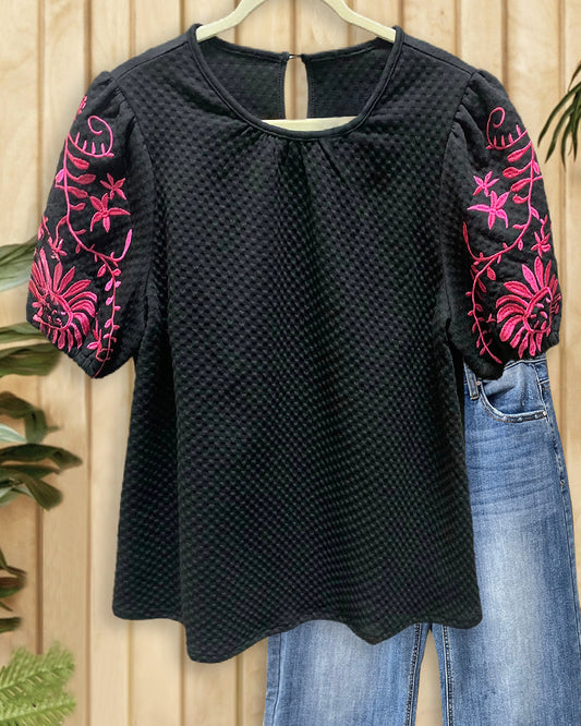 Floral Embroidery Puff Sleeve Retro Textured T-Shirt