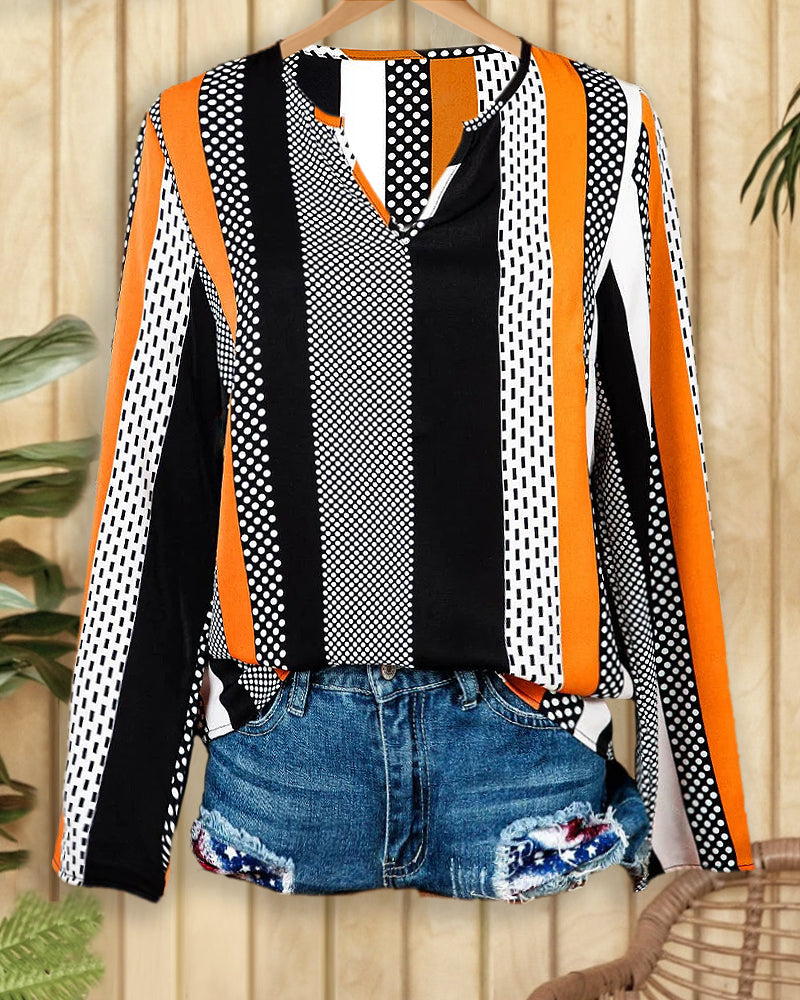 Mixed Print Striped Modern V Neck Blouse