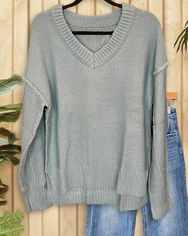 Solid Color V Neck Simple Seamed Detail Sweater