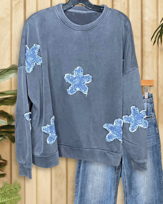 Star Applique Print Casual Round Neck Blouse