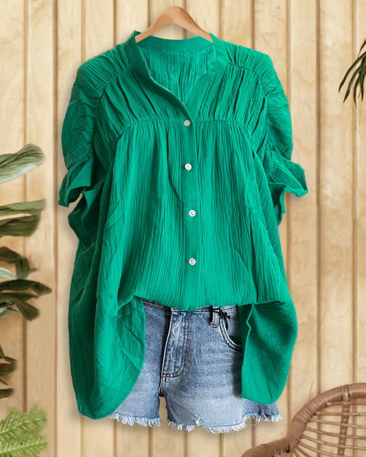 Solid Color Textured Smart Ruffle Sleeve Button T-Shirt