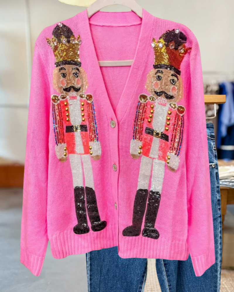 Sequined Nutcracker Cute Button Cardigan