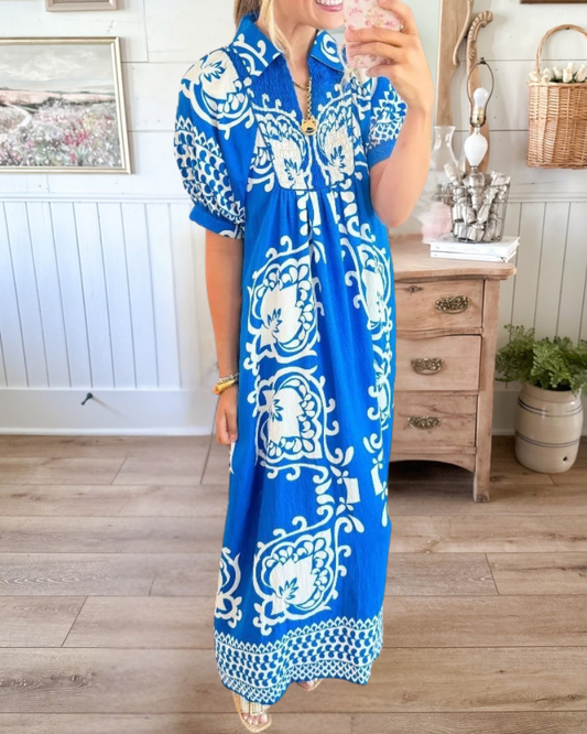 Blue Mixed Print Puff Sleeve Midi Dress