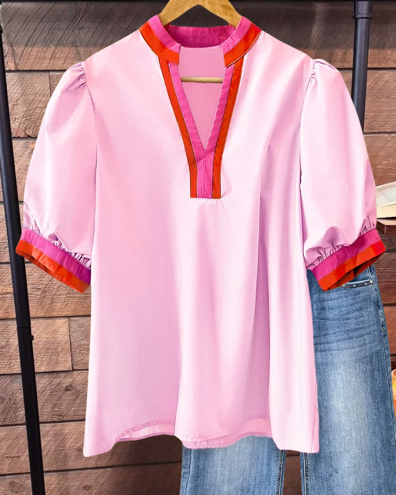Patchwork Color Block Casual V Neck Blouse