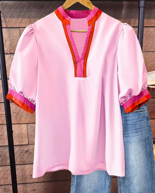 Patchwork Color Block Casual V Neck Blouse
