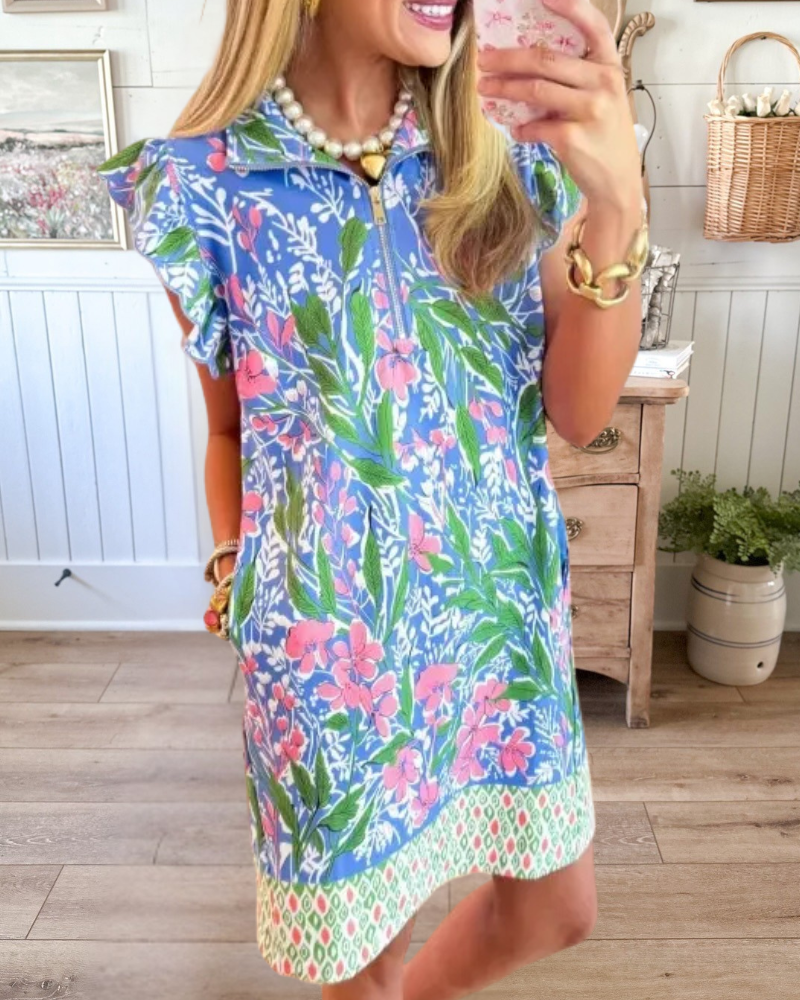 Flying Sleeve V-Neck Zipper Mini Dress