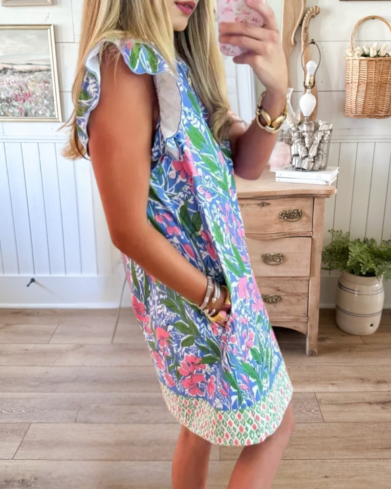 Flying Sleeve V-Neck Zipper Mini Dress