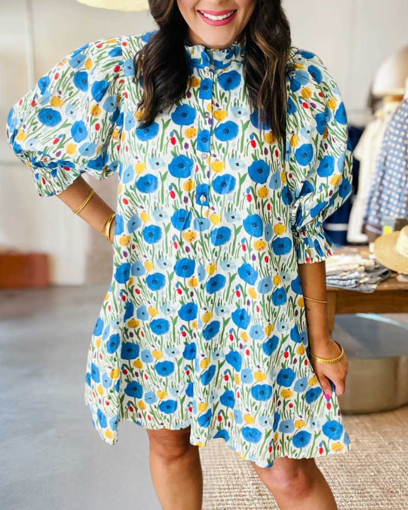 Floral Belted Puff Sleeve Dress
