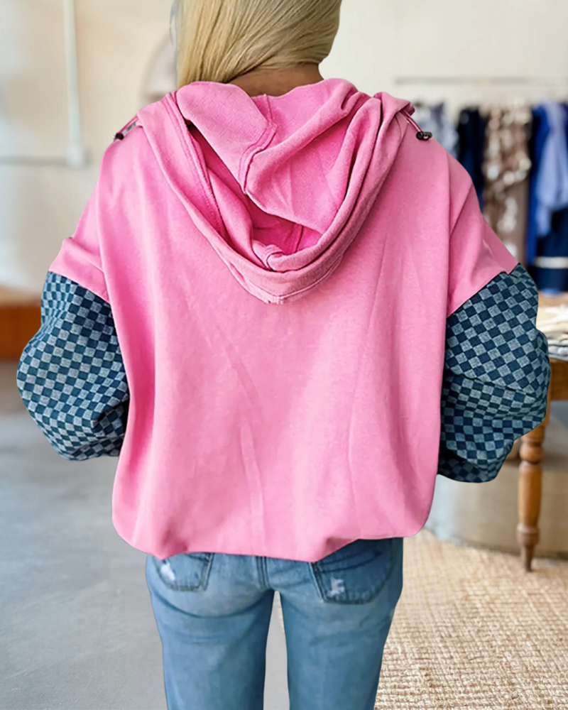 Pink Half Zip Checkered Sleeve Hoodie