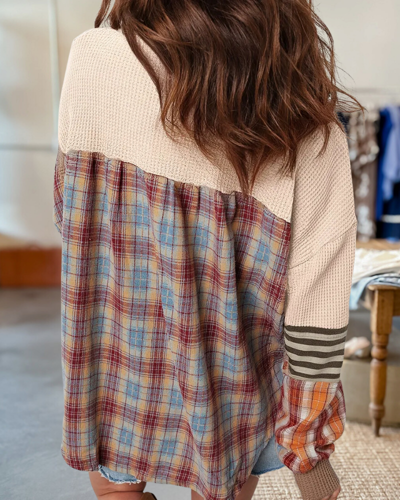 Waffle Colorblock Striped Plaid Top