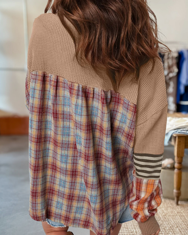 Waffle Colorblock Striped Plaid Top