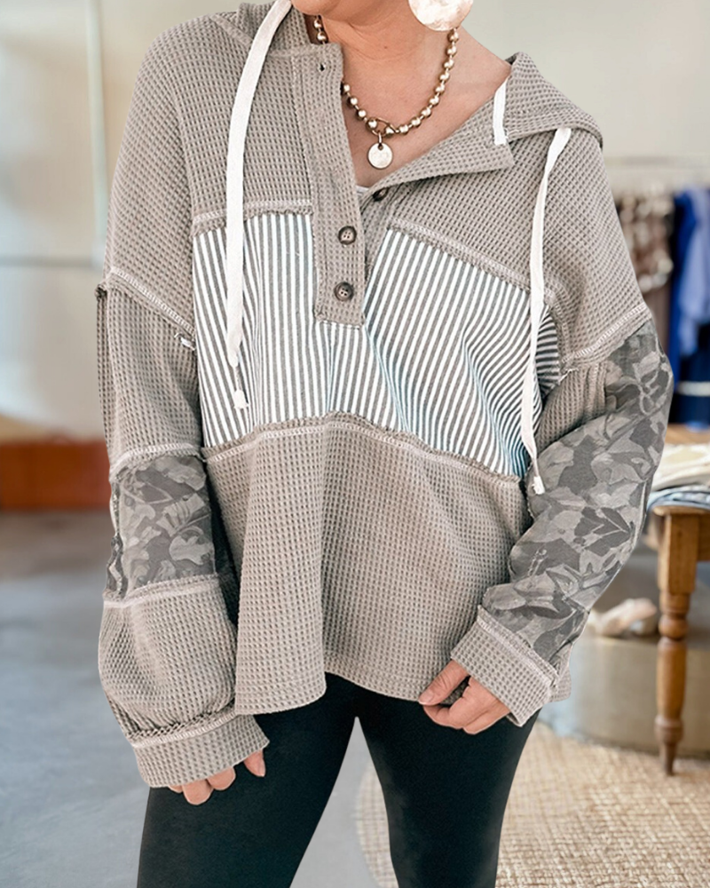 Waffle Patchwork Floral Contrast Hoodie