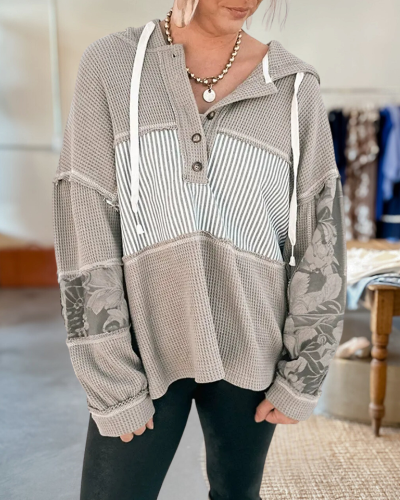 Waffle Patchwork Floral Contrast Hoodie