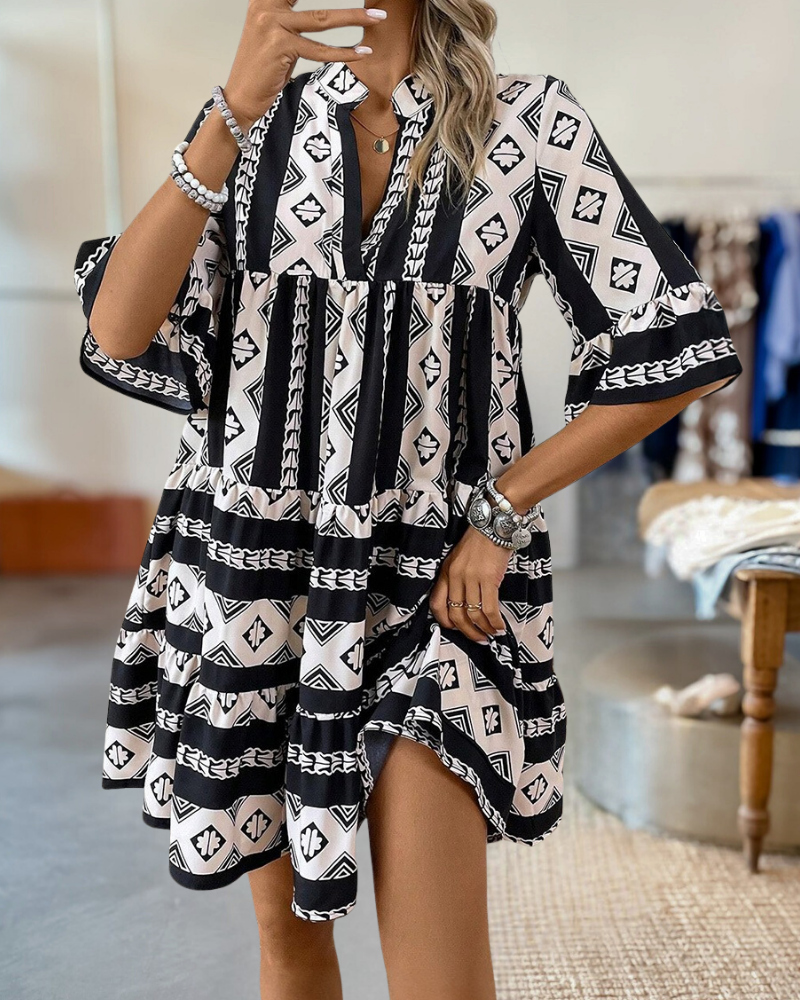 Tiered Printed Notched Half Sleeve Dress