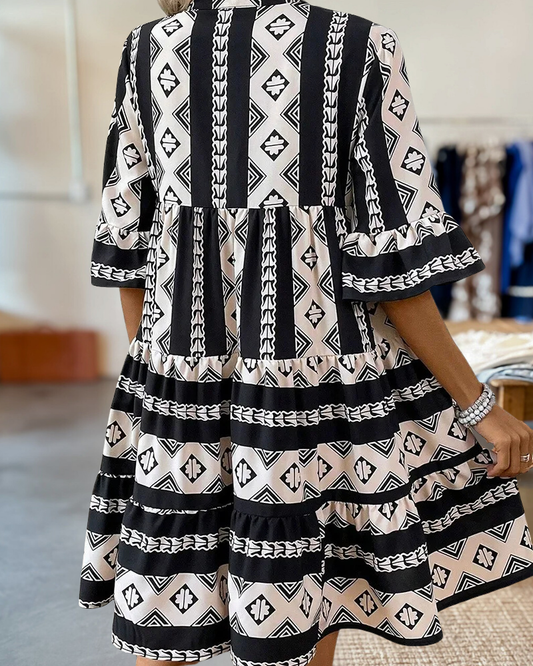 Tiered Printed Notched Half Sleeve Dress