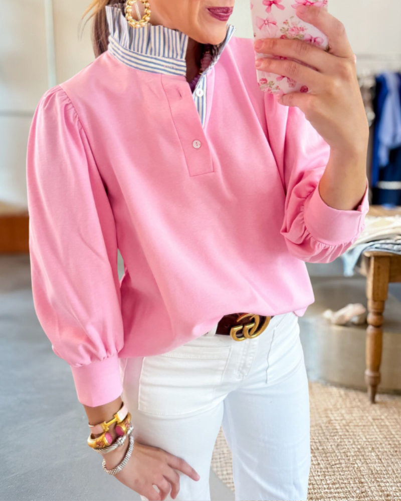 Striped Collar Patchwork Puff Sleeve Sweatshirt