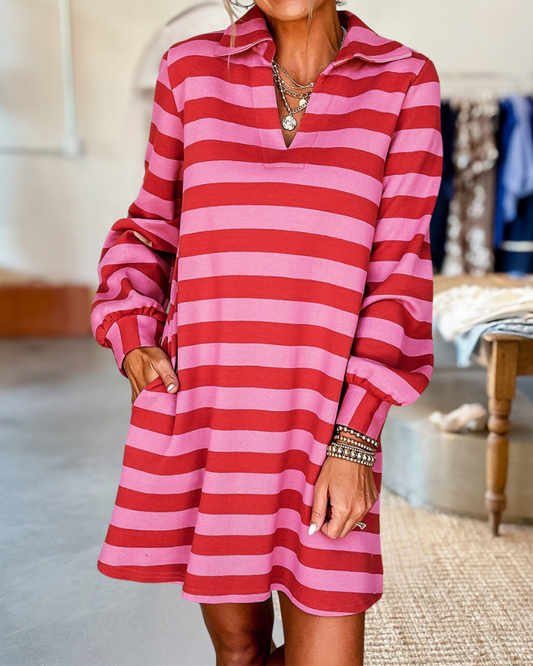 Stripe Collared  Long Sleeve Loose Dress