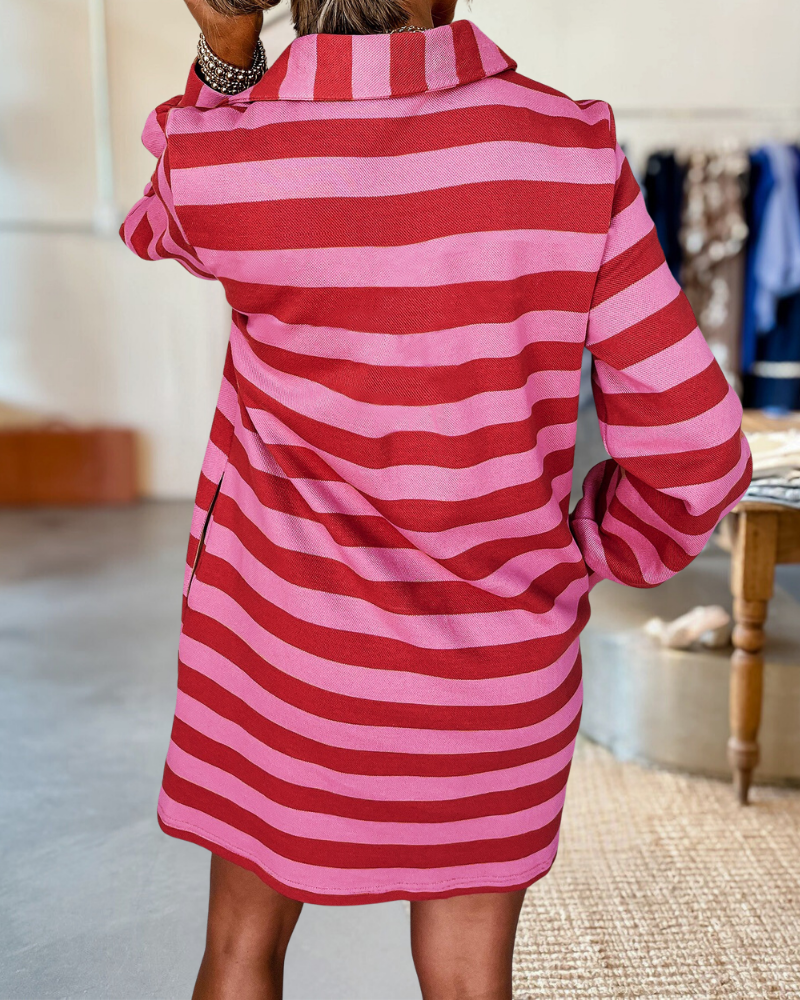 Stripe Collared  Long Sleeve Loose Dress