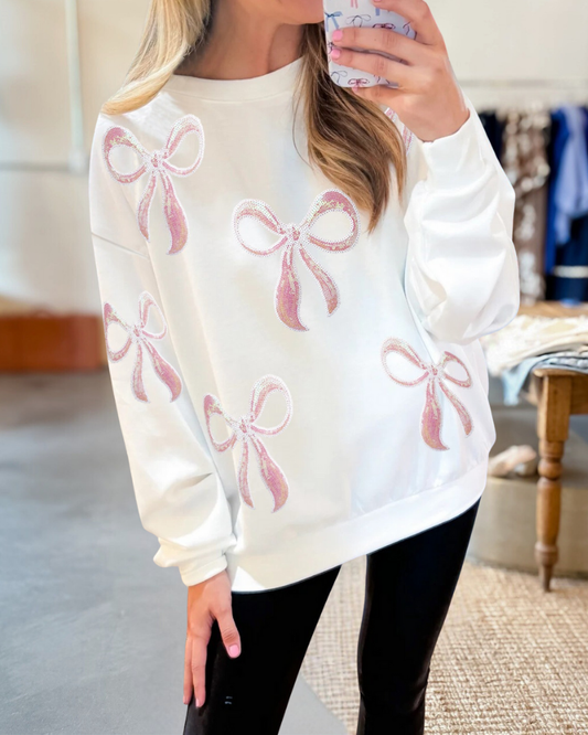 Pink Sequin Bow Knot Drop Shoulder Sweatshirt