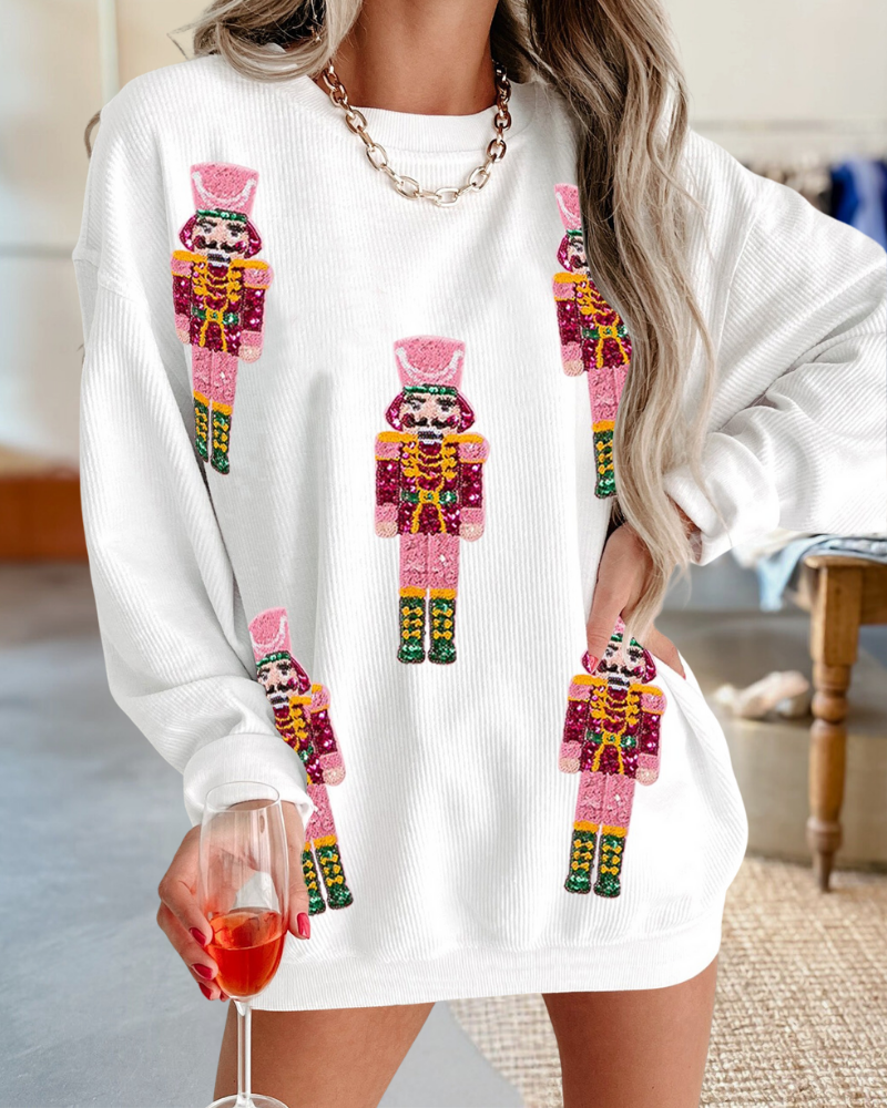 Sequin Nutcracker Graphic Christmas Corded Sweatshirt