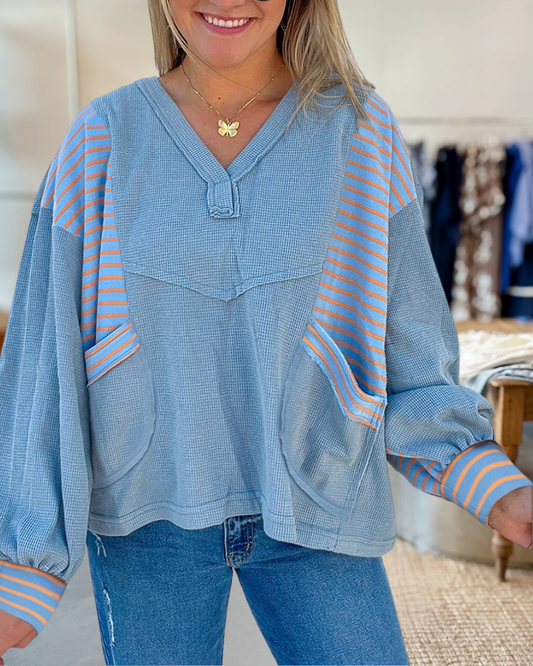 Waffle Striped Patchwork Baggy Pullover