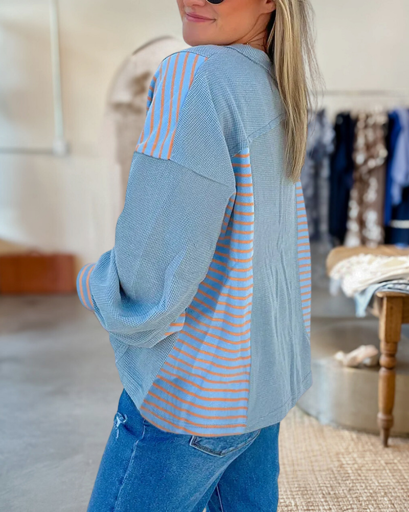 Waffle Striped Patchwork Baggy Pullover