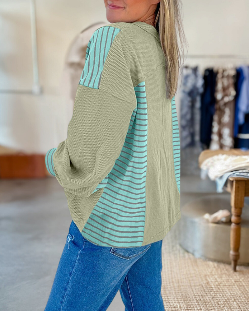 Waffle Striped Patchwork Baggy Pullover