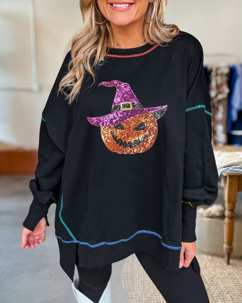 Oversized Sequin Pumpkin Reverse Seam Pullover