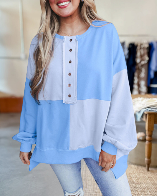 Buttons Checker Stitching Buckle Pullover