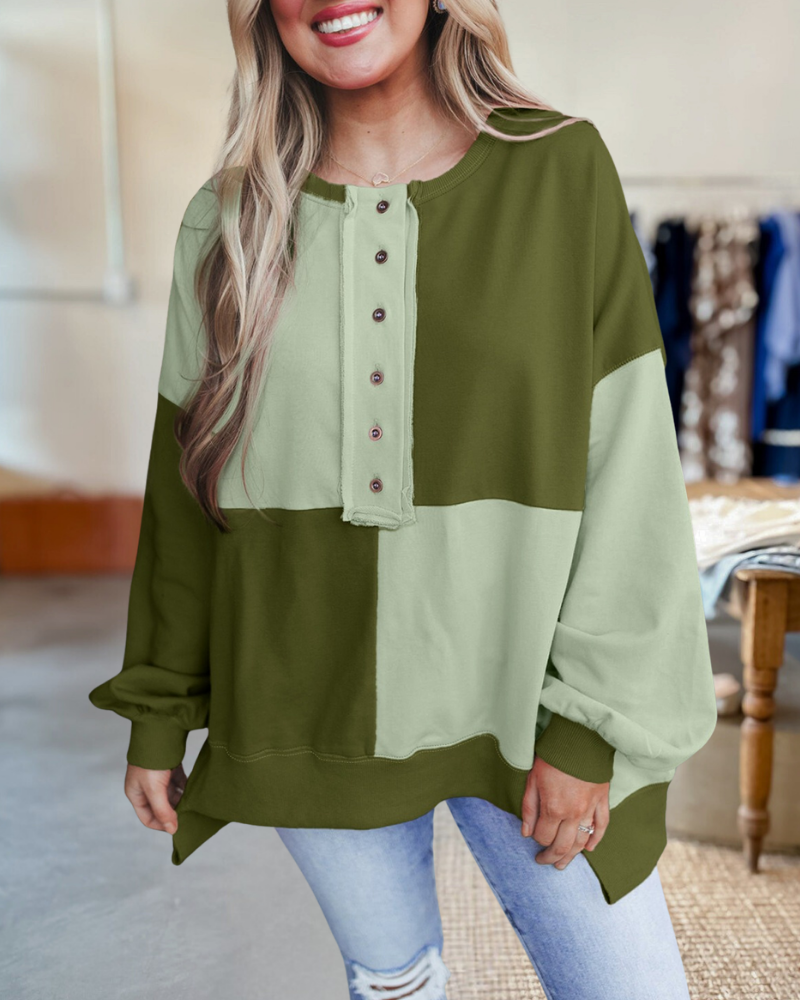 Buttons Checker Stitching Buckle Pullover