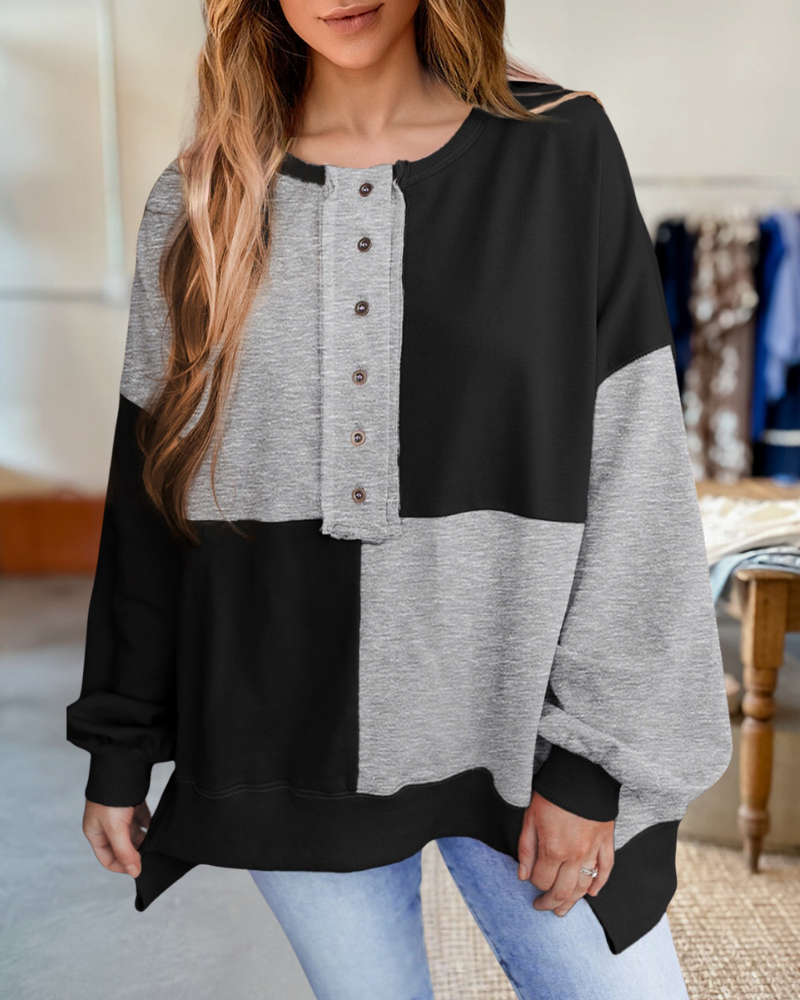 Buttons Checker Stitching Buckle Pullover