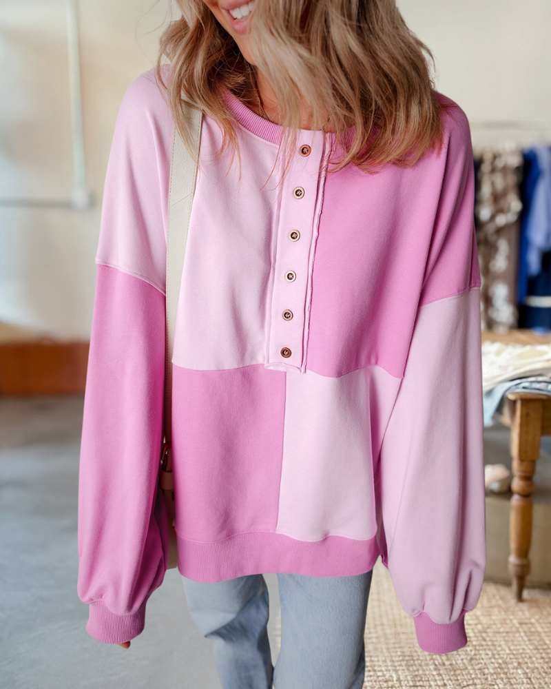 Buttons Checker Stitching Buckle Pullover