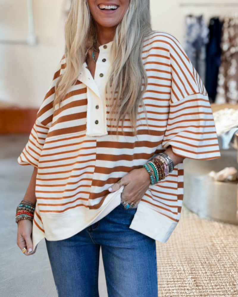 Stripe Buttons Patchwork Contrast T-Shirts
