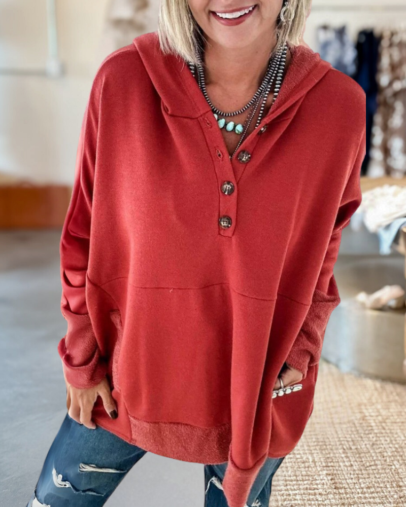 Splicing Solid Button Neck Long Sleeve Hoodie