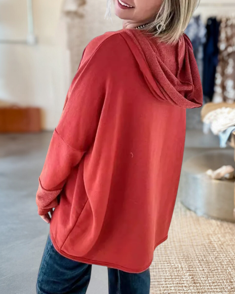 Splicing Solid Button Neck Long Sleeve Hoodie