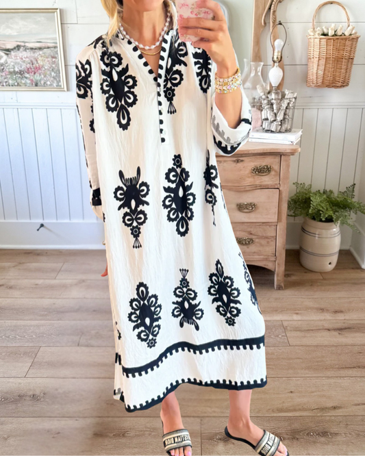 Cream Black Printed Floaty Maxi Dress