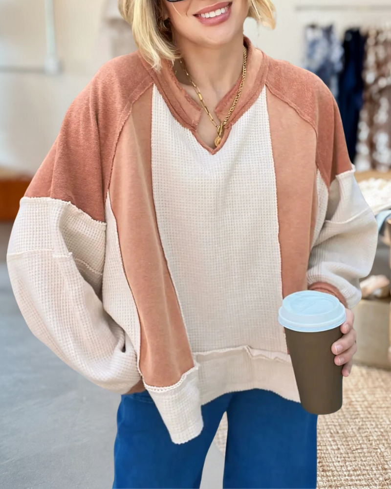 Distressed Waffle Knit Top Pullover