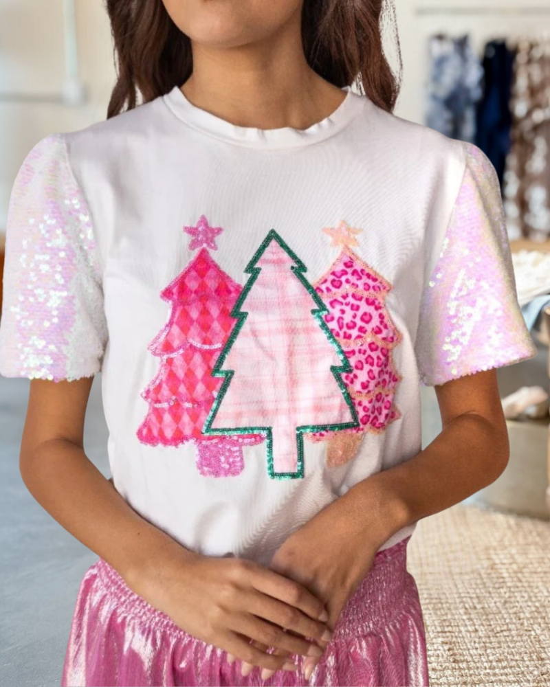Christmas Tree Print+Sequins Sleeve Tee