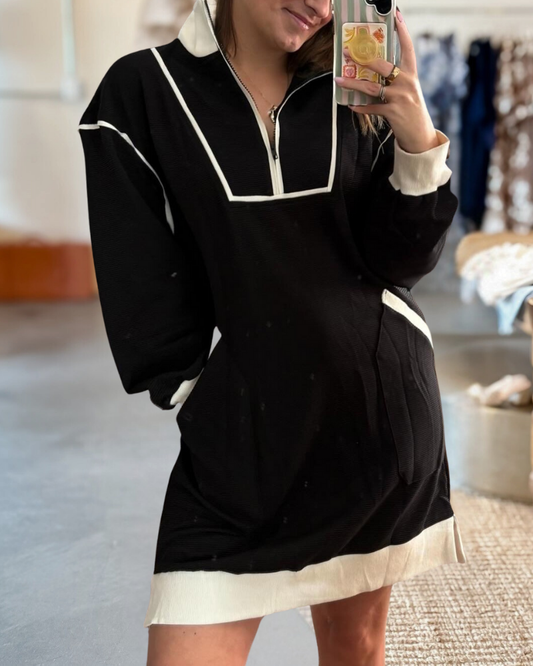 Black Contrast Trim Collared Zip Up Mini Dress