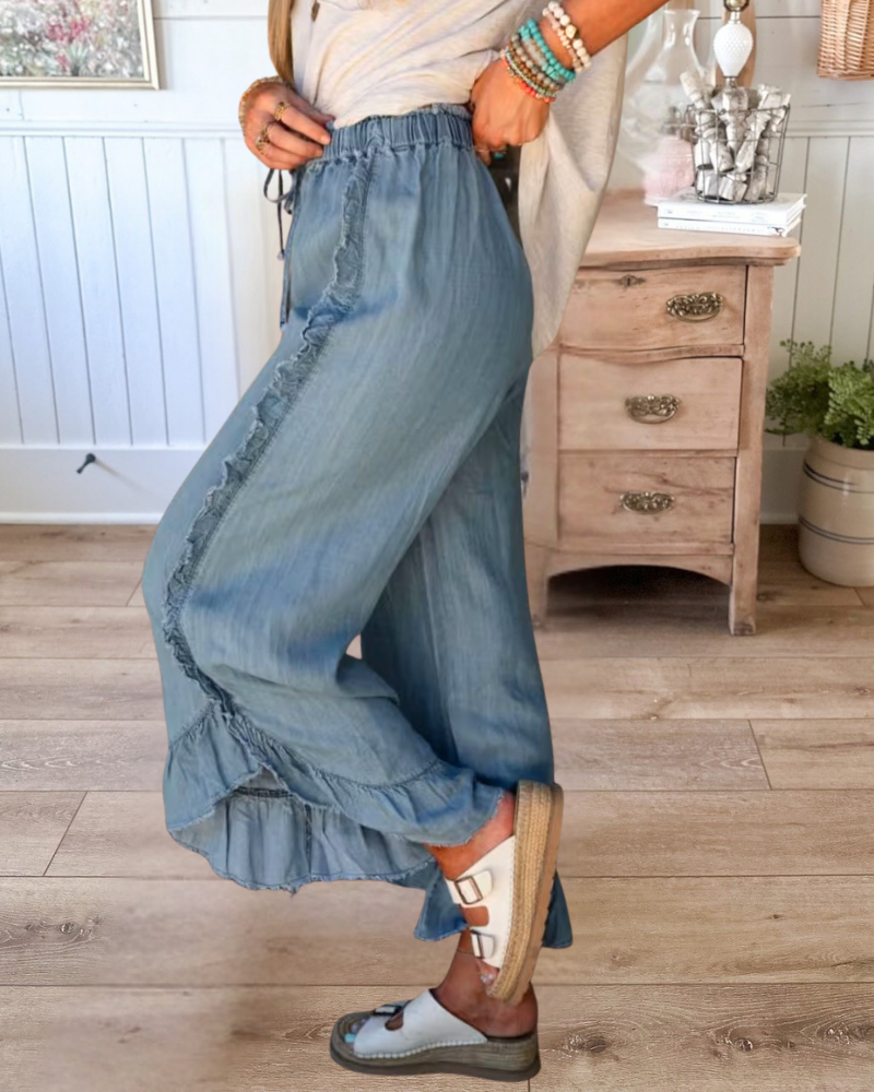 Drawstring Ruffled Wide Leg Jeans