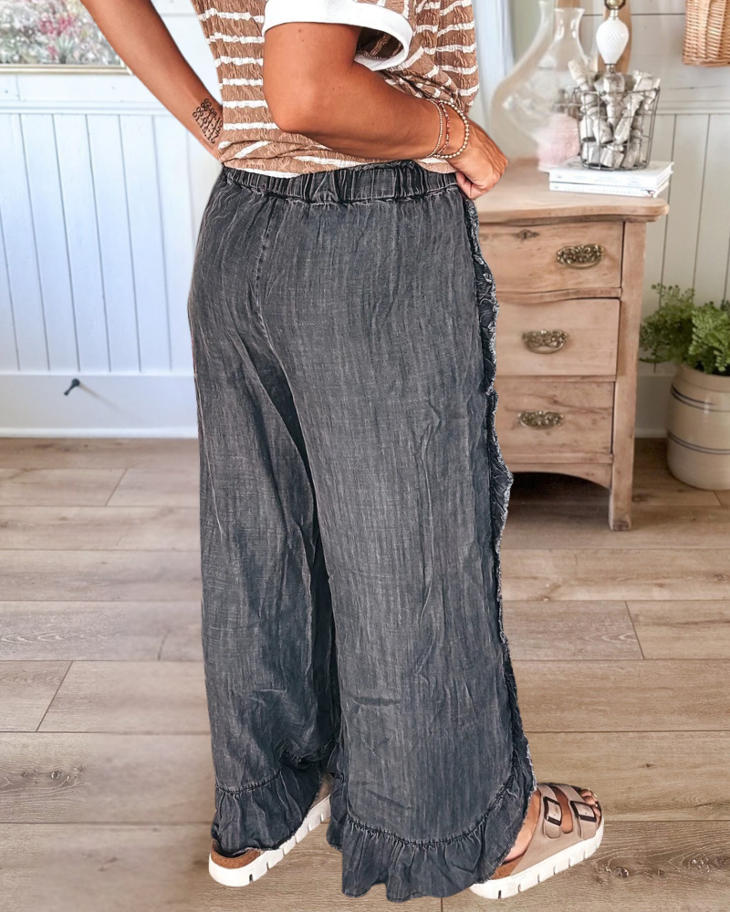 Drawstring Ruffled Wide Leg Jeans