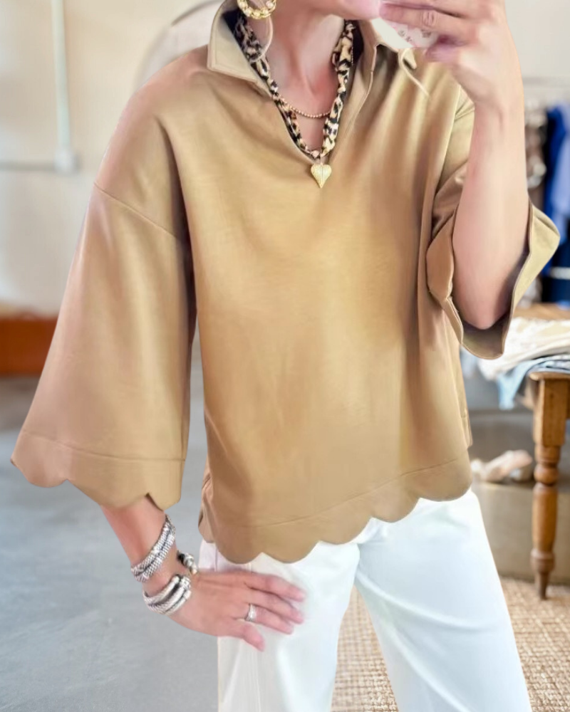 Scalloped Hem Three Quarter Sleeve Collared Top